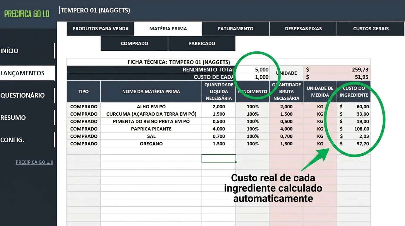 40 planilhas de custo de matéria prima