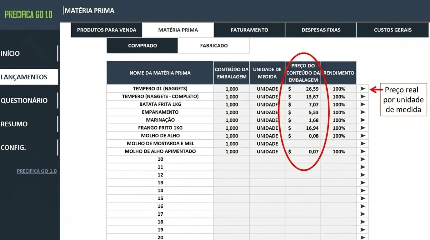 Cadastro de matéria prima
